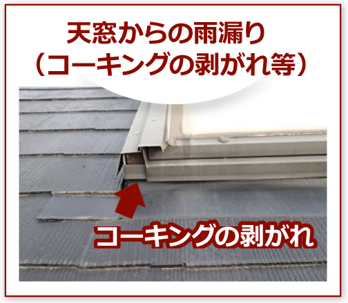 天窓からの雨漏り（コーキングの剥がれ等）